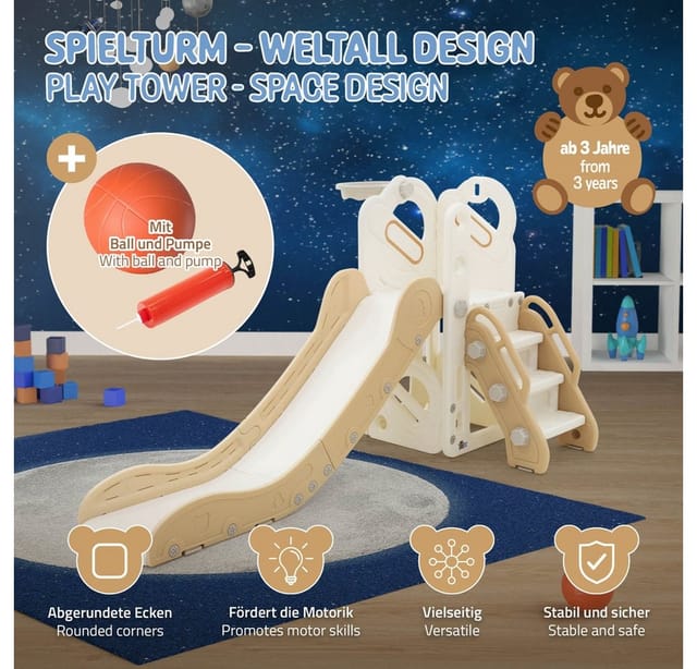 Joyz Kinderrutsche 3in1 mit Turm Basketballkorb Weiß-Beige Kunststoff