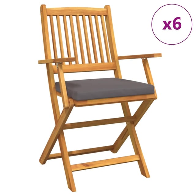 vidaXL Garten-Klappstühle mit Grauen Kissen 6 Stk Massivholz Akazie 3329128