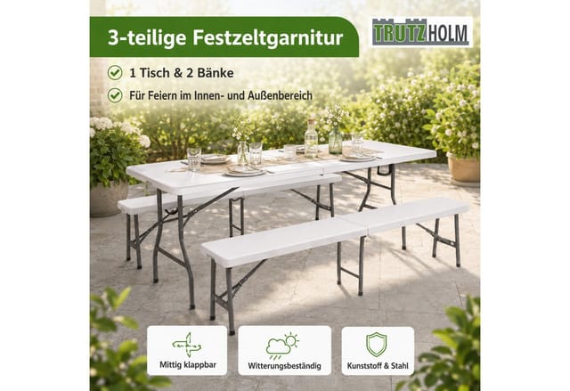 TRUTZHOLM Bierzeltgarnitur 3 Teilig 180x75cm 2 Bierbänke 1 Tisch Klappbar Weiß