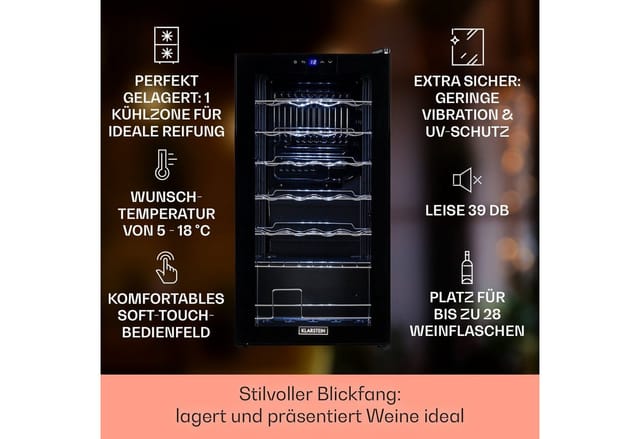 Klarstein Shiraz 28 Uno Weinkühlschrank 74 L 28 Flaschen Touch-Bedienfeld 5-18°C