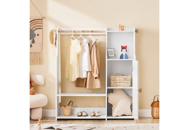 SoBuy Kinderkleiderschrank mit Tür Kleiderständer mit 4 Fächern Weiß KMB110-W
