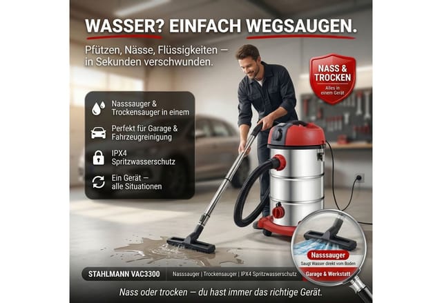 STAHLMANN VAC3300 Industriestaubsauger 30L Tank Integrierte Steckdose Leistungsstarke 3300W