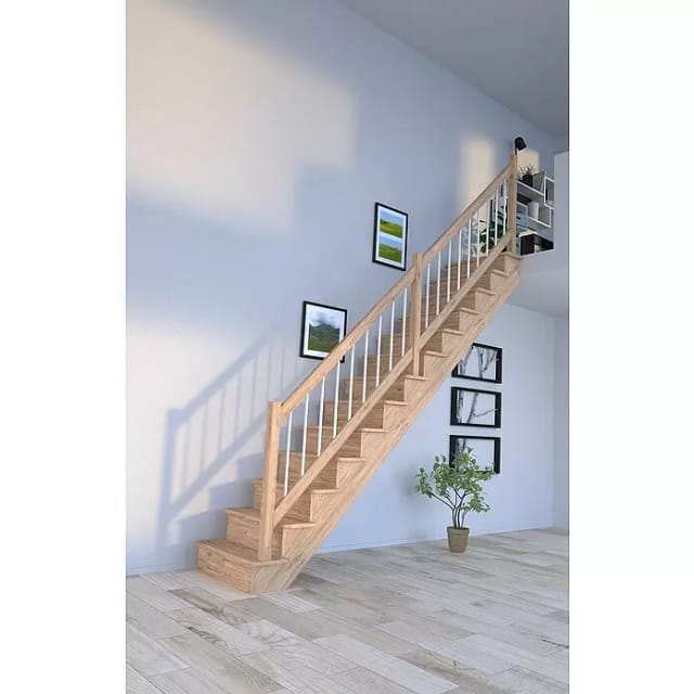 Treppe Lindos Eiche Gerade 100 cm Setzstufen Holz-Edelstahl-Geländer Weiß FSC®