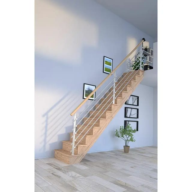 Treppe Lindos Eiche Gerade 80 cm Setzstufen Design-Geländer-Edelstahl FSC®