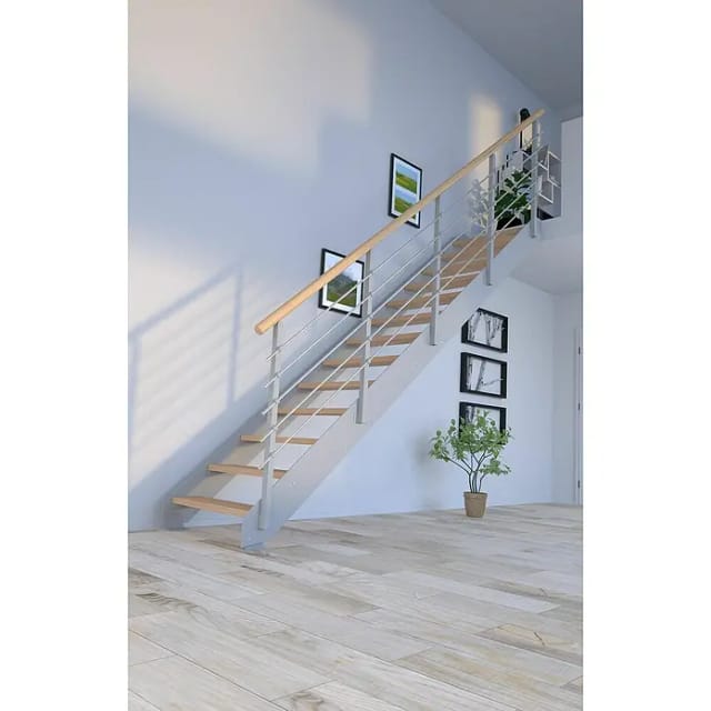 Treppe Kos 13 Stufen Eiche Geölt 85 cm Metallgeländer Grau FSC®
