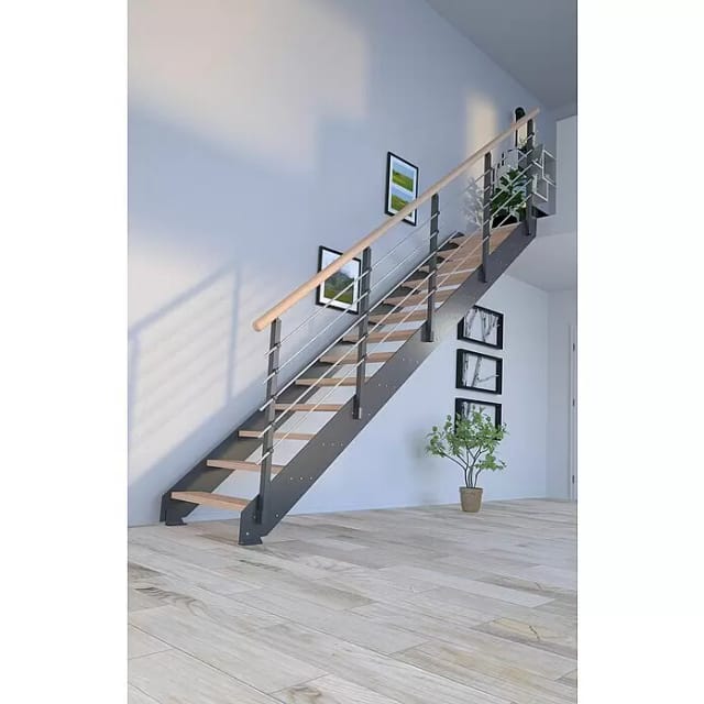 Treppe Kos 13 Stufen Buche Geölt 85 cm Metallgeländer Anthrazit FSC®