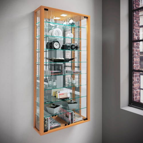 ebuy24 VitrosaMaxi Vitrinenschrank Wandhängend mit Spiegel 2 Glastüren Inkl LED-Leuchten Buche Dekor