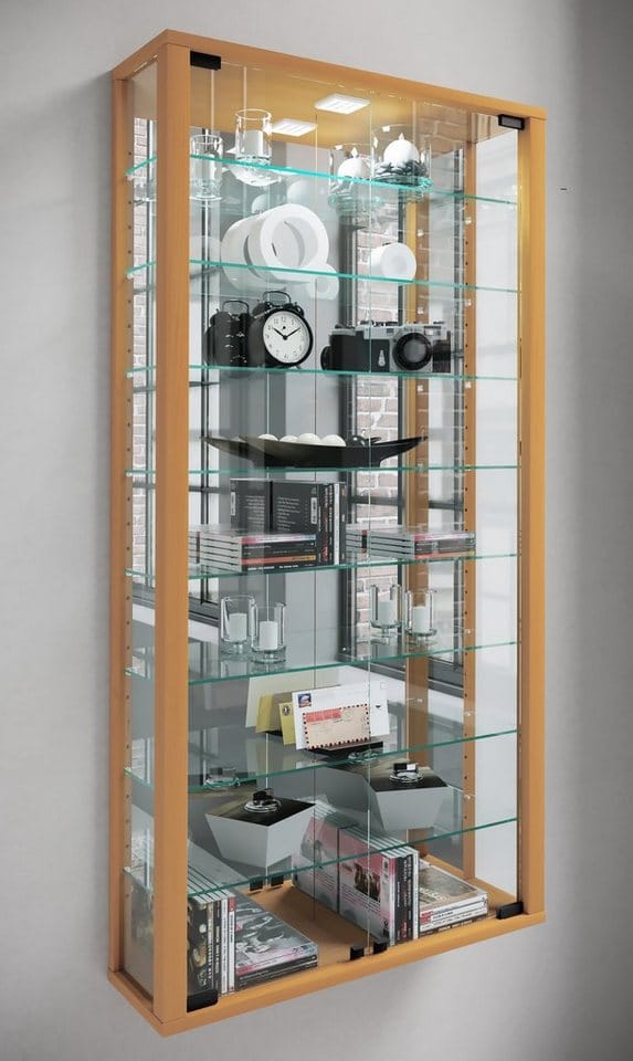 ebuy24 VitrosaMaxi Vitrinenschrank Wandhängend mit Spiegel 2 Glastüren Buche Dekor