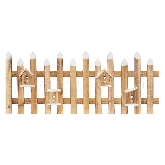ECD Germany Deko Holz Zaun mit LED in Natur 98 x 39 cm mit Vogelhäuschen Mini