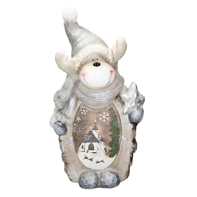 ECD Germany Rentier Figur mit LED Beleuchtung 51 cm Warmweiß Weiß mit Grauem Hut