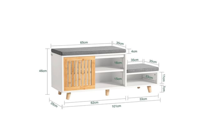 SoBuy Schuhbank mit 2 Sitzflächen und 1 Schiebetür MDF Bambus Weiß FSR125-WN