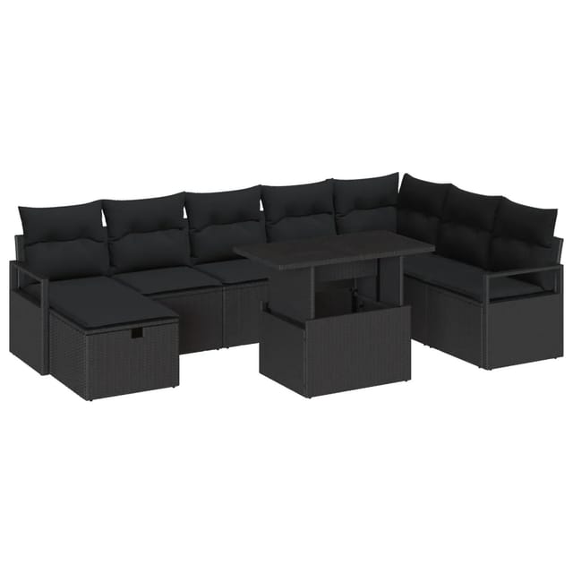 vidaXL Garten-Sofa-Set mit Kissen 9-Tlg Schwarz Poly Rattan 3361152
