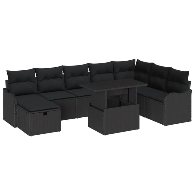 vidaXL Garten-Sofa-Set mit Kissen 9-Tlg Schwarz Poly Rattan 3361072