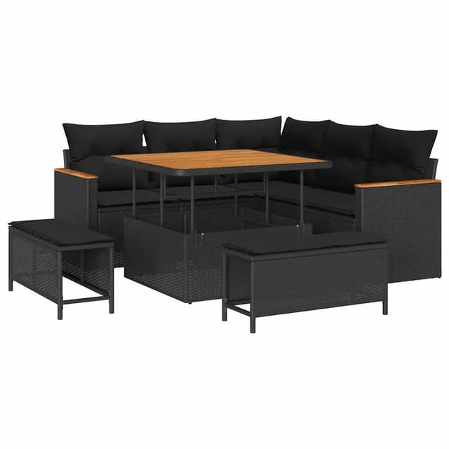 vidaXL 8-Teiliges Gartensofa-Set mit Kissen in Schwarz aus Poly Rattan und Akazie 3363034