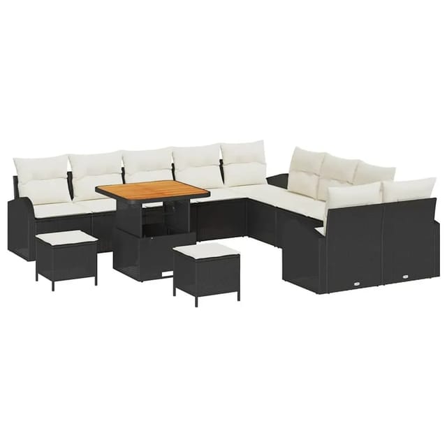 vidaXL Garten-Sofa-Set mit Kissen 13-Tlg Schwarz Poly Rattan 3362450