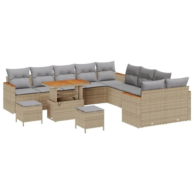 vidaXL 13-Teiliges Gartensofa-Set mit Kissen in Beige aus Poly Rattan und Akazie 3363107