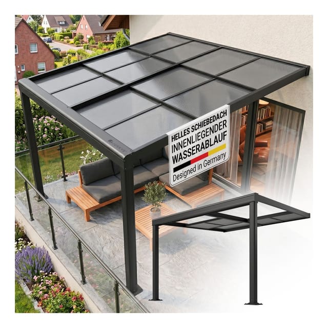 Juskys Terrassendach Jakarta 3x3m mit Polycarbonatplatten Dunkelgrau