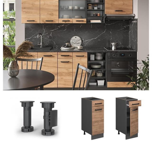 Vicco Küchenunterschrank R-Line Goldkraft Eiche/Anthrazit 30 cm AP Anthrazit mit Anthrazit Korpus