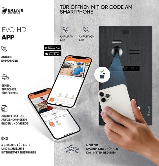 Balter EVO-HD Video-Türsprechanlage mit App für Einfamilienhaus mit 1x 7 Zoll Monitor Schwarz