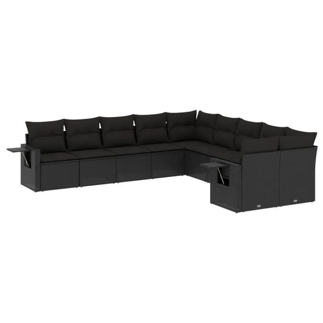 vidaXL 10-Tlg Garten-Sofagarnitur mit Kissen Schwarz Poly Rattan 3253042