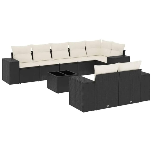 vidaXL 9-Tlg Garten-Sofagarnitur mit Kissen Schwarz Poly Rattan 3222825