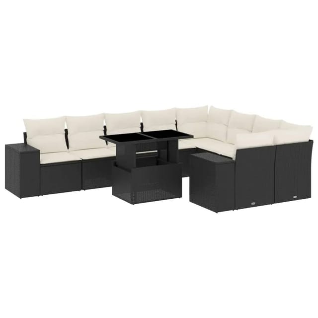 vidaXL 10-Tlg Garten-Sofagarnitur mit Kissen Schwarz Poly Rattan 3269386