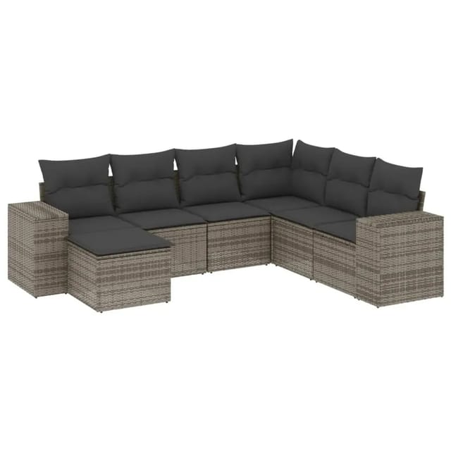 vidaXL 7-Tlg Garten-Sofagarnitur mit Kissen Grau Poly Rattan 3222899