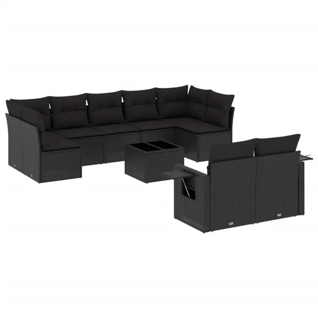 vidaXL 10-Tlg Garten-Sofagarnitur mit Kissen Schwarz Poly Rattan 3252962