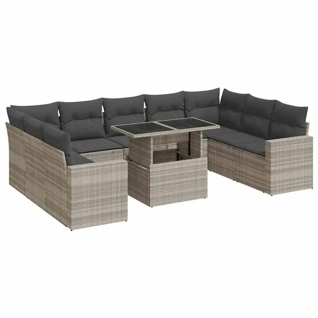 vidaXL 10-Tlg Garten-Sofagarnitur mit Kissen Hellgrau Poly Rattan 3326383