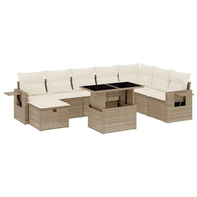 vidaXL 9-Tlg Garten-Sofagarnitur mit Kissen Beige Poly Rattan 3275028