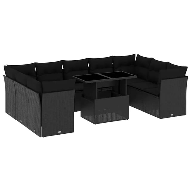 vidaXL 10-Tlg Garten-Sofagarnitur mit Kissen Schwarz Poly Rattan 3266815