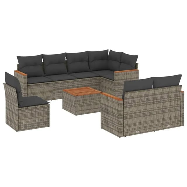 vidaXL 9-Tlg Garten-Sofagarnitur mit Kissen Grau Poly Rattan 3258574