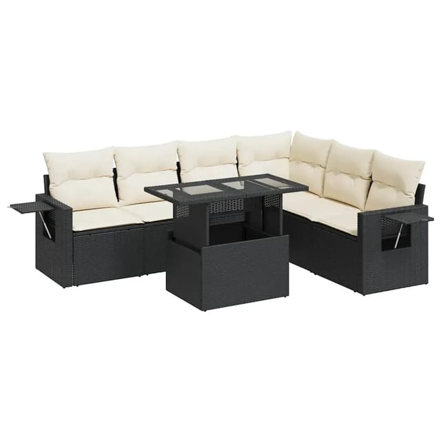 vidaXL 7-Tlg Garten-Sofagarnitur mit Kissen Schwarz Poly Rattan 3326487