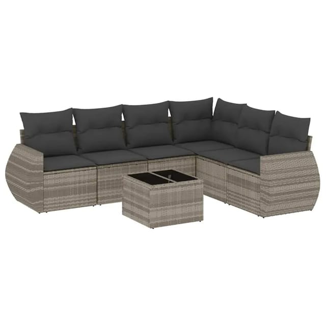 vidaXL 7-Tlg Garten-Sofagarnitur mit Kissen Hellgrau Poly Rattan 3253759