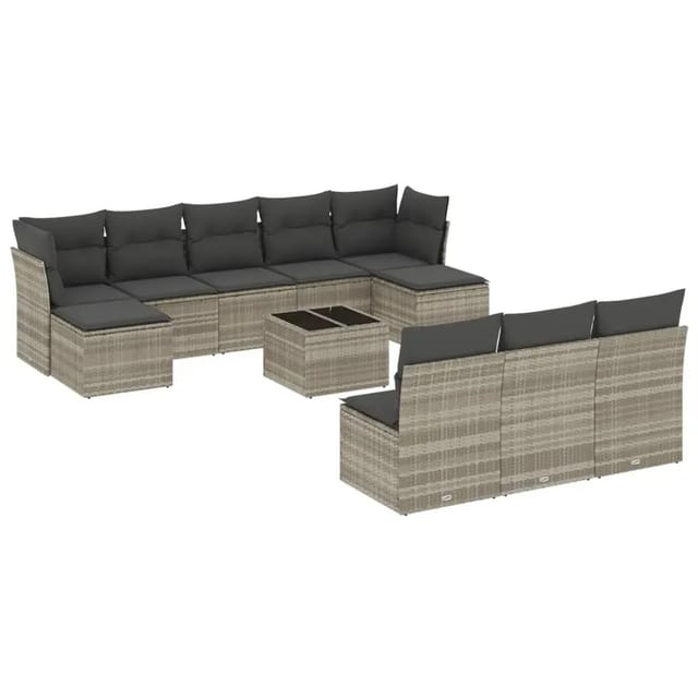 vidaXL 11-Tlg Garten-Sofagarnitur mit Kissen Hellgrau Poly Rattan 3218302