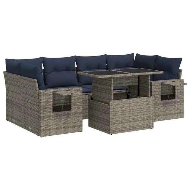 vidaXL 7-Tlg Garten-Sofagarnitur mit Kissen Grau Poly Rattan 3326432