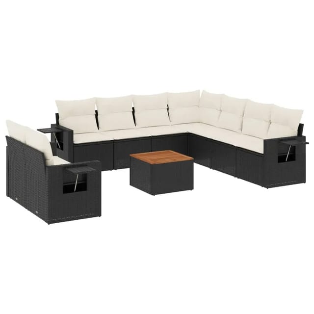 vidaXL 10-Tlg Garten-Sofagarnitur mit Kissen Schwarz Poly Rattan 3256959