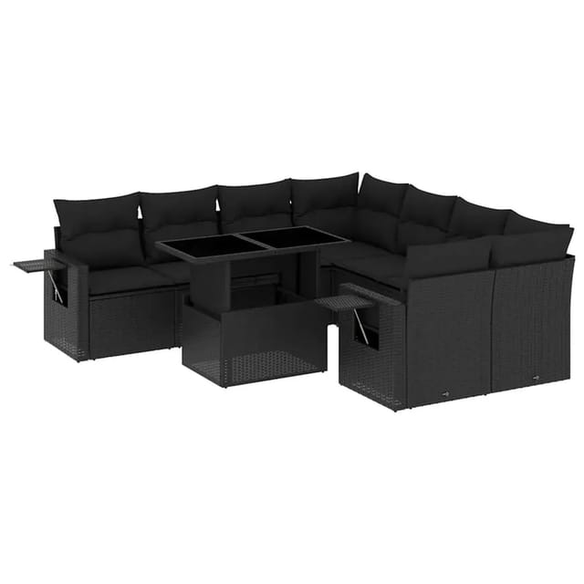 vidaXL 9-Tlg Garten-Sofagarnitur mit Kissen Schwarz Poly Rattan 3267795