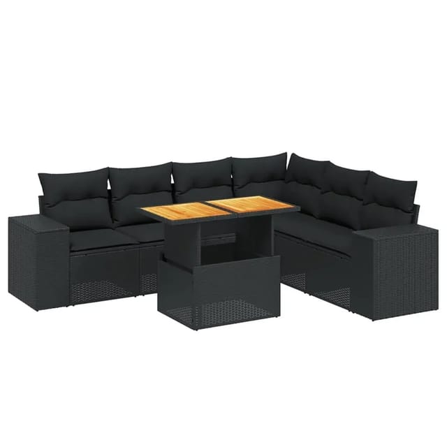 vidaXL 7-Tlg Garten-Sofagarnitur mit Kissen Schwarz Poly Rattan 3272651