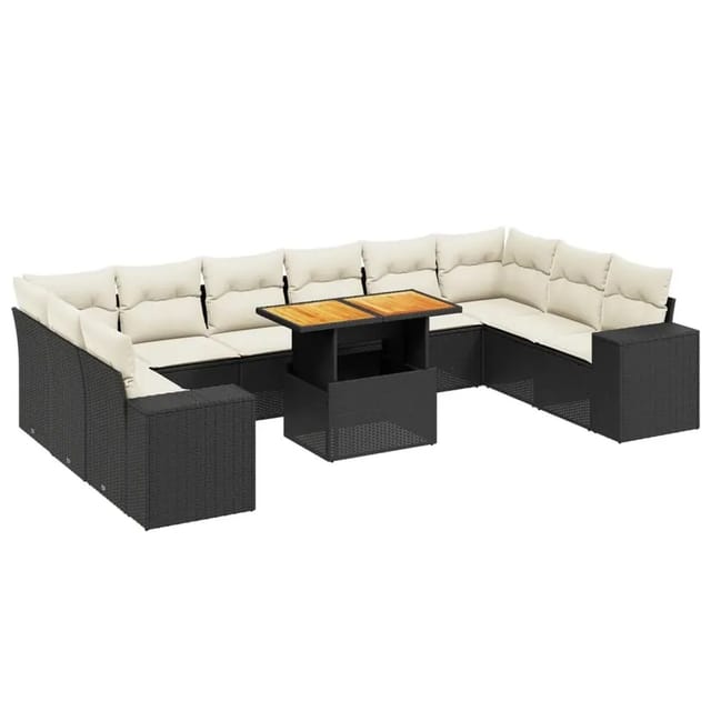 vidaXL 11-Tlg Garten-Sofagarnitur mit Kissen Schwarz Poly Rattan 3272806