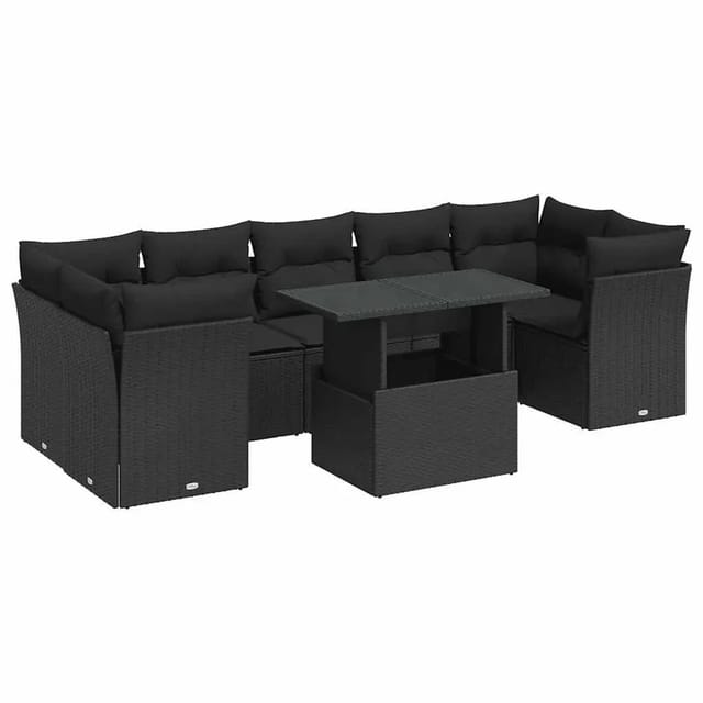 vidaXL 8-Tlg Garten-Sofagarnitur mit Kissen Schwarz Poly Rattan 3326116