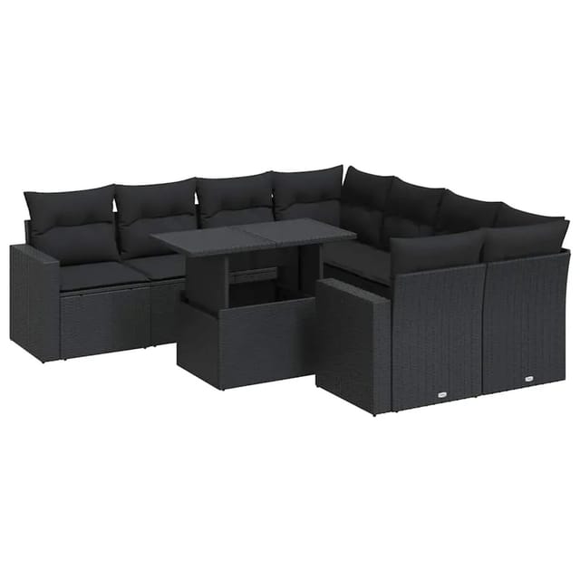 vidaXL 9-Tlg Garten-Sofagarnitur mit Kissen Schwarz Poly Rattan 3326286