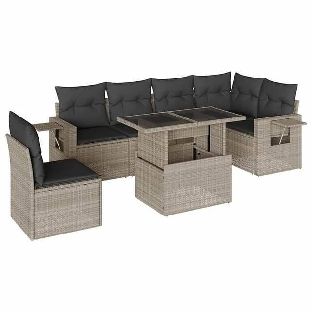 vidaXL 7-Tlg Garten-Sofagarnitur mit Kissen Hellgrau Poly Rattan 3267942