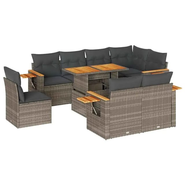 vidaXL 9-Tlg Garten-Sofagarnitur mit Kissen Grau Poly Rattan Akazie 3327616