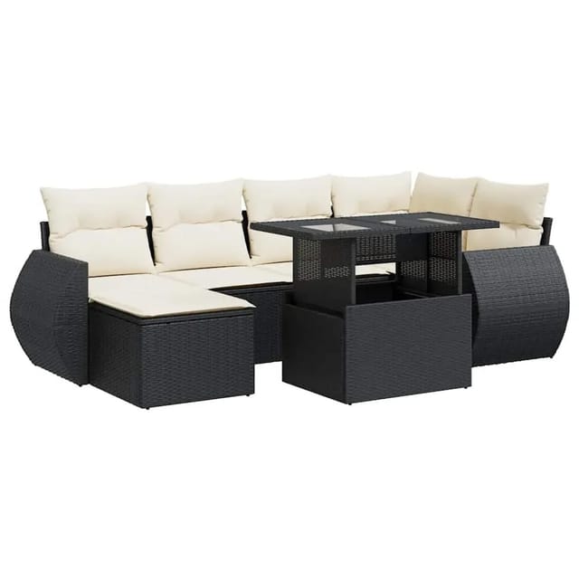vidaXL 7-Tlg Garten-Sofagarnitur mit Kissen Schwarz Poly Rattan 3326667