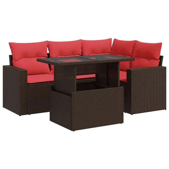 vidaXL 5-Tlg Garten-Sofagarnitur mit Kissen Braun Poly Rattan Akazie 3326315