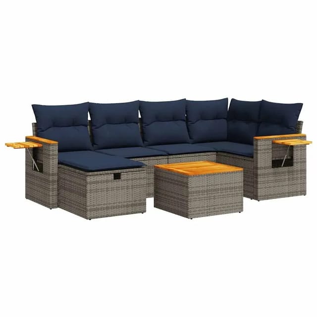 vidaXL 7-Tlg Garten-Sofagarnitur mit Kissen Grau Poly Rattan 3325981