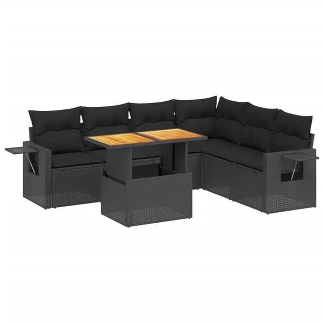 vidaXL 7-Tlg Garten-Sofagarnitur mit Kissen Schwarz Poly Rattan 3271769