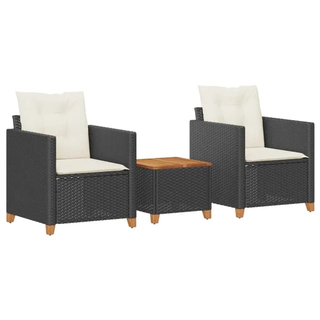 vidaXL 3-Tlg Bistro-Set mit Kissen Schwarz Poly Rattan Akazienholz 366309