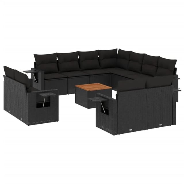 vidaXL 12-Tlg Garten-Sofagarnitur mit Kissen Schwarz Poly Rattan 3257154